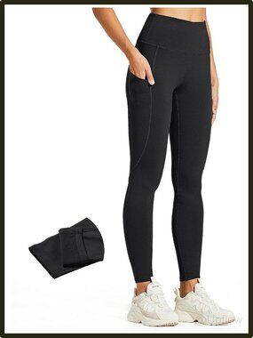 Fleece Lined Water Resistant Thermal High Waisted Hiking Leggings Pockets Black